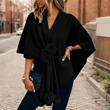 Women's Trendy Fall Pompoms Poncho Sweaters Knit Cape Faux Fur Trim Shawl Wraps Irregular Hem Cloak Open Front Cardigan Scarf