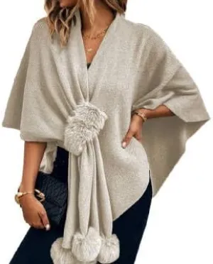 Women's Trendy Fall Pompoms Poncho Sweaters Knit Cape Faux Fur Trim Shawl Wraps Irregular Hem Cloak Open Front Cardigan Scarf