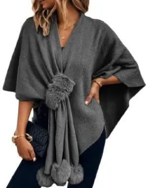 Women's Trendy Fall Pompoms Poncho Sweaters Knit Cape Faux Fur Trim Shawl Wraps Irregular Hem Cloak Open Front Cardigan Scarf