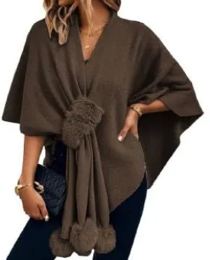 Women's Trendy Fall Pompoms Poncho Sweaters Knit Cape Faux Fur Trim Shawl Wraps Irregular Hem Cloak Open Front Cardigan Scarf