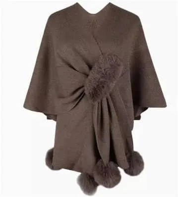 Women's Trendy Fall Pompoms Poncho Sweaters Knit Cape Faux Fur Trim Shawl Wraps Irregular Hem Cloak Open Front Cardigan Scarf