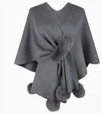 Women's Trendy Fall Pompoms Poncho Sweaters Knit Cape Faux Fur Trim Shawl Wraps Irregular Hem Cloak Open Front Cardigan Scarf
