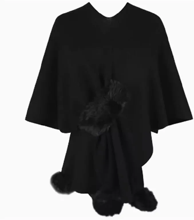Women's Trendy Fall Pompoms Poncho Sweaters Knit Cape Faux Fur Trim Shawl Wraps Irregular Hem Cloak Open Front Cardigan Scarf