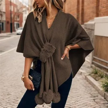 Women's Trendy Fall Pompoms Poncho Sweaters Knit Cape Faux Fur Trim Shawl Wraps Irregular Hem Cloak Open Front Cardigan Scarf