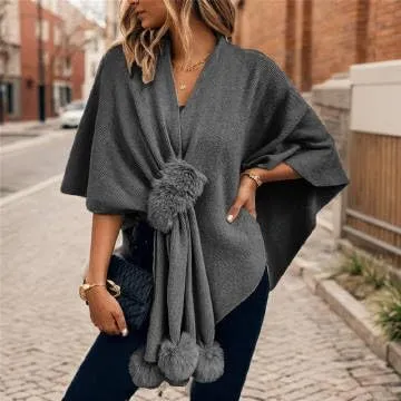 Women's Trendy Fall Pompoms Poncho Sweaters Knit Cape Faux Fur Trim Shawl Wraps Irregular Hem Cloak Open Front Cardigan Scarf