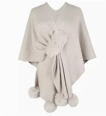 Women's Trendy Fall Pompoms Poncho Sweaters Knit Cape Faux Fur Trim Shawl Wraps Irregular Hem Cloak Open Front Cardigan Scarf