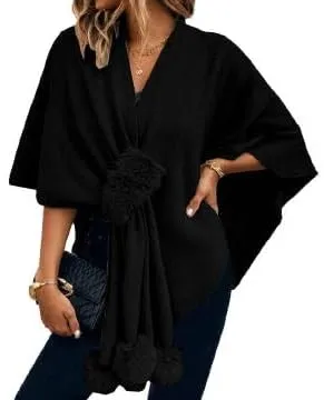 Women's Trendy Fall Pompoms Poncho Sweaters Knit Cape Faux Fur Trim Shawl Wraps Irregular Hem Cloak Open Front Cardigan Scarf
