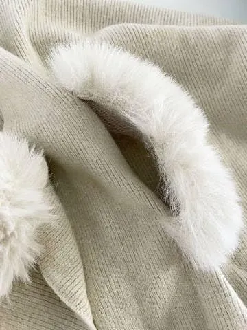 Women's Trendy Fall Pompoms Poncho Sweaters Knit Cape Faux Fur Trim Shawl Wraps Irregular Hem Cloak Open Front Cardigan Scarf