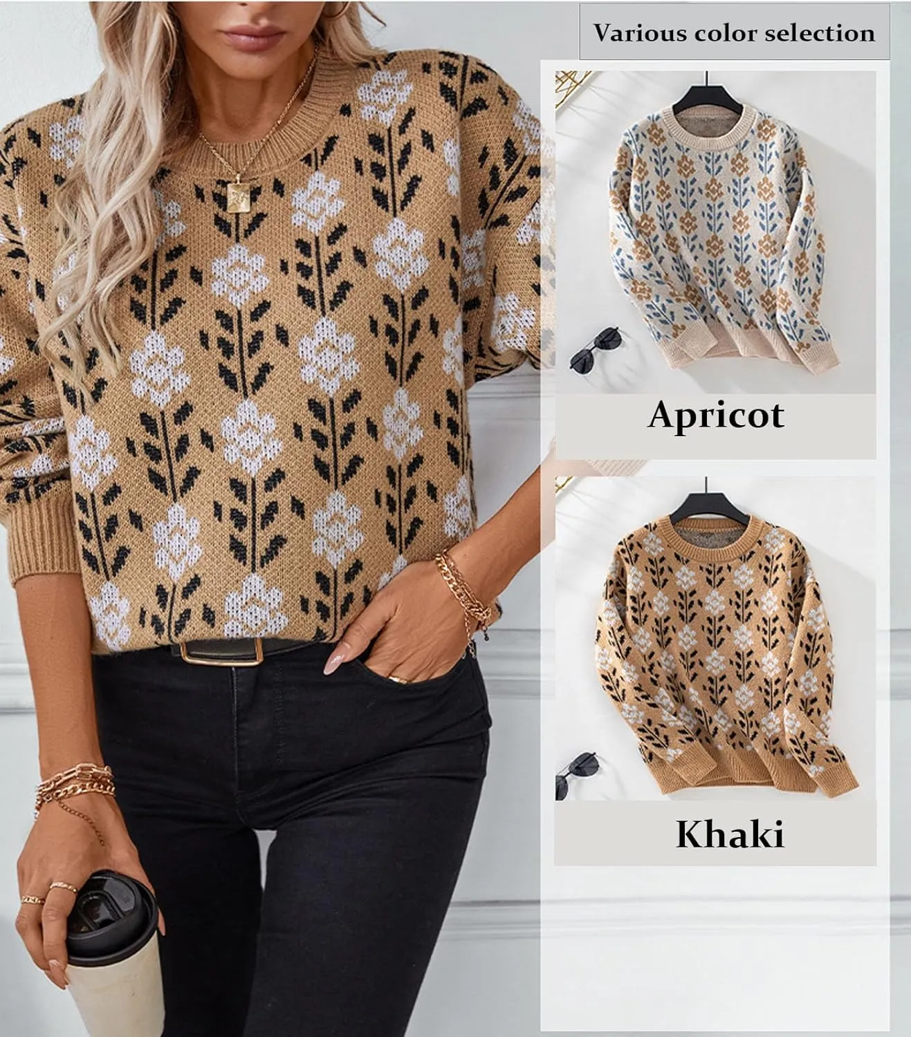 Womens Trendy Floral Sweaters Flower Printed Crewneck Knit Sweater Cute Loose Long Sleeve Fashion Pullover Tops