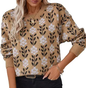 Womens Trendy Floral Sweaters Flower Printed Crewneck Knit Sweater Cute Loose Long Sleeve Fashion Pullover Tops