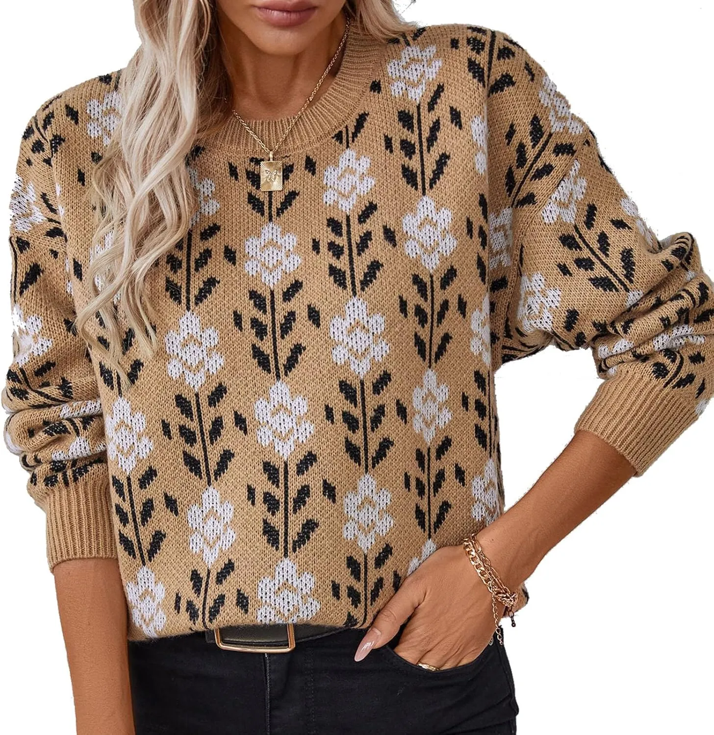 Womens Trendy Floral Sweaters Flower Printed Crewneck Knit Sweater Cute Loose Long Sleeve Fashion Pullover Tops