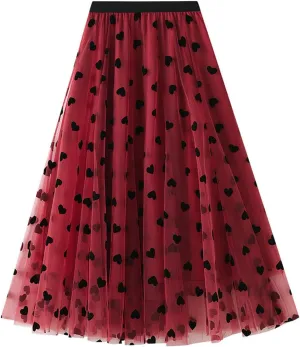 Women's Tulle Skirt Pleated Tutu Skirts Elastic High Waist Elegant Point Floral Printed Mesh Lady A Line Midi Skirt