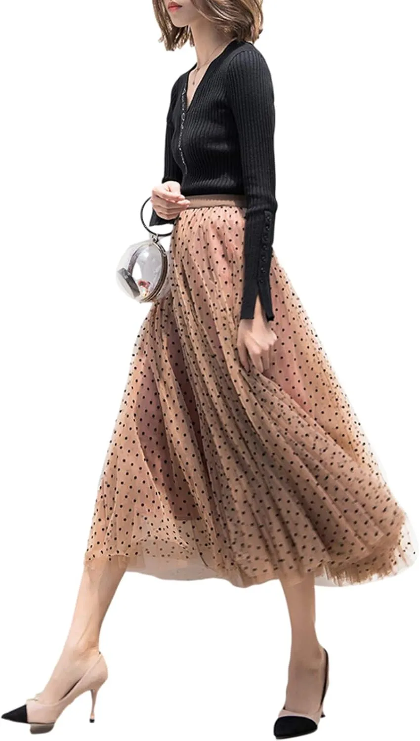 Women's Tulle Skirt Pleated Tutu Skirts Elastic High Waist Elegant Point Floral Printed Mesh Lady A Line Midi Skirt