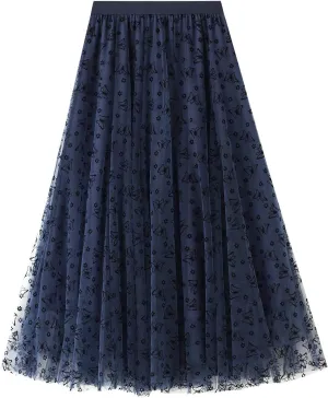Women's Tulle Skirt Pleated Tutu Skirts Elastic High Waist Elegant Point Floral Printed Mesh Lady A Line Midi Skirt