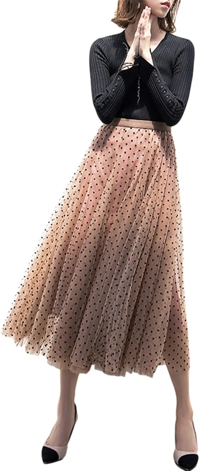Women's Tulle Skirt Pleated Tutu Skirts Elastic High Waist Elegant Point Floral Printed Mesh Lady A Line Midi Skirt