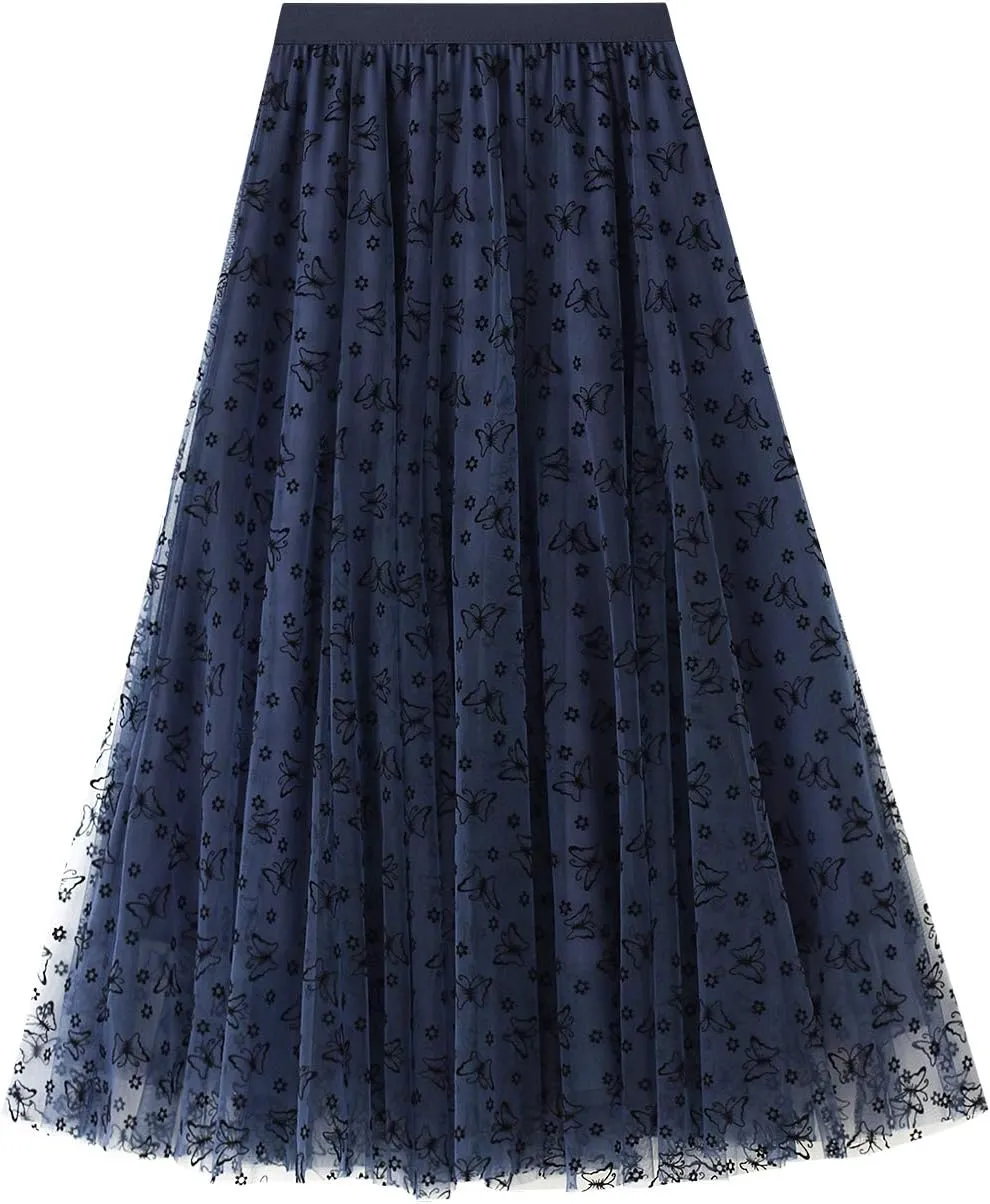 Women's Tulle Skirt Pleated Tutu Skirts Elastic High Waist Elegant Point Floral Printed Mesh Lady A Line Midi Skirt