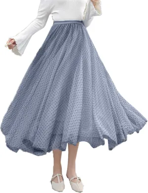 Women's Tulle Skirt Pleated Tutu Skirts Elastic High Waist Elegant Point Floral Printed Mesh Lady A Line Midi Skirt