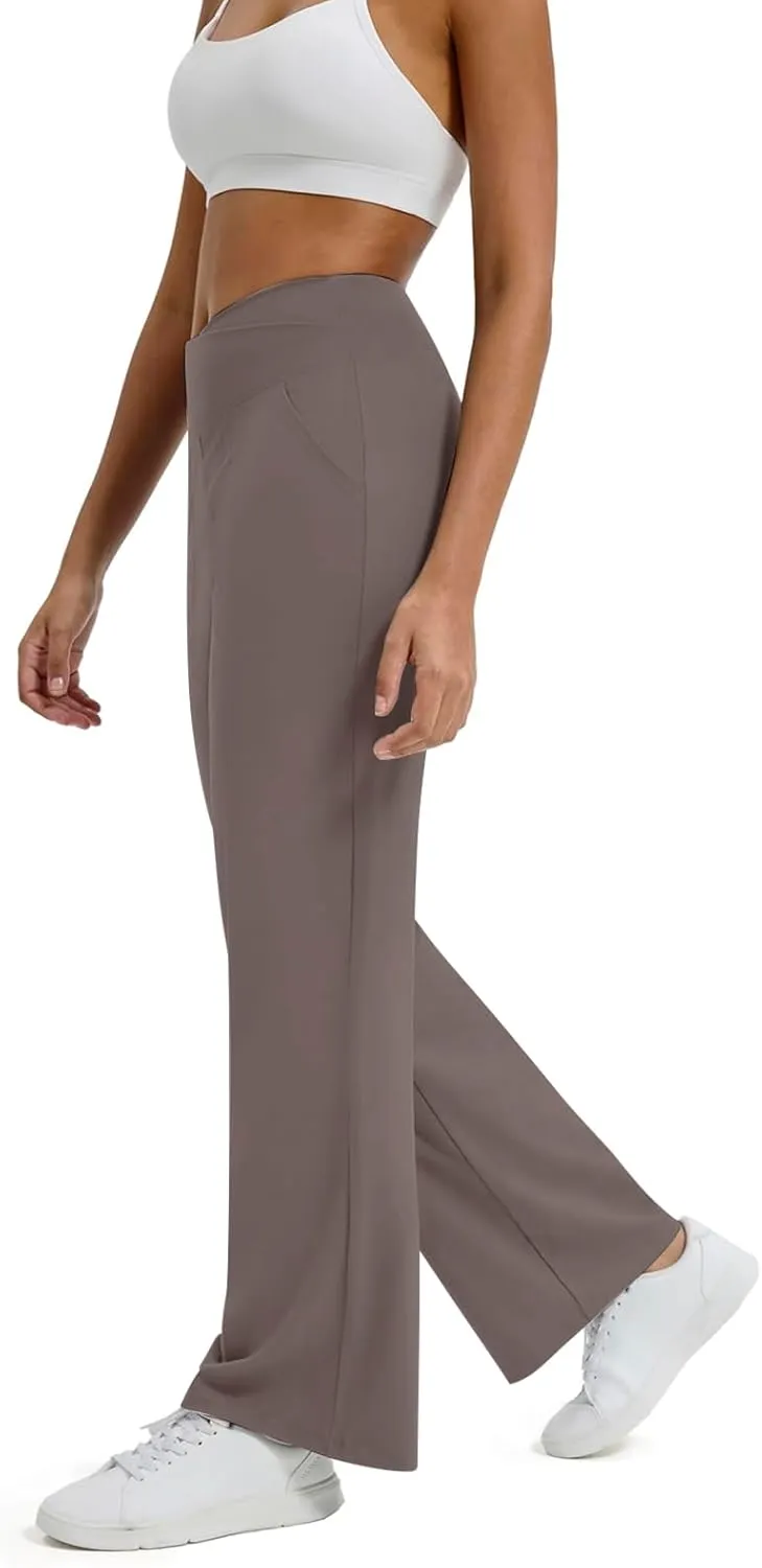 Womens Wide Leg Pants Loose Fit Crossover Waist Stretch Yoga Pants with Pockets Comfy Casual Work Pants Trousers