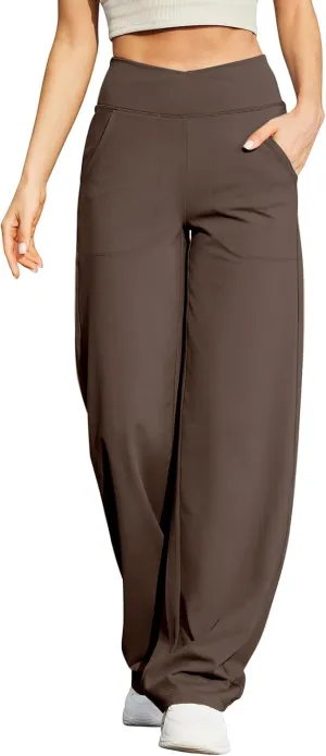 Womens Wide Leg Pants Loose Fit Crossover Waist Stretch Yoga Pants with Pockets Comfy Casual Work Pants Trousers