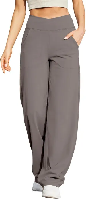 Womens Wide Leg Pants Loose Fit Crossover Waist Stretch Yoga Pants with Pockets Comfy Casual Work Pants Trousers