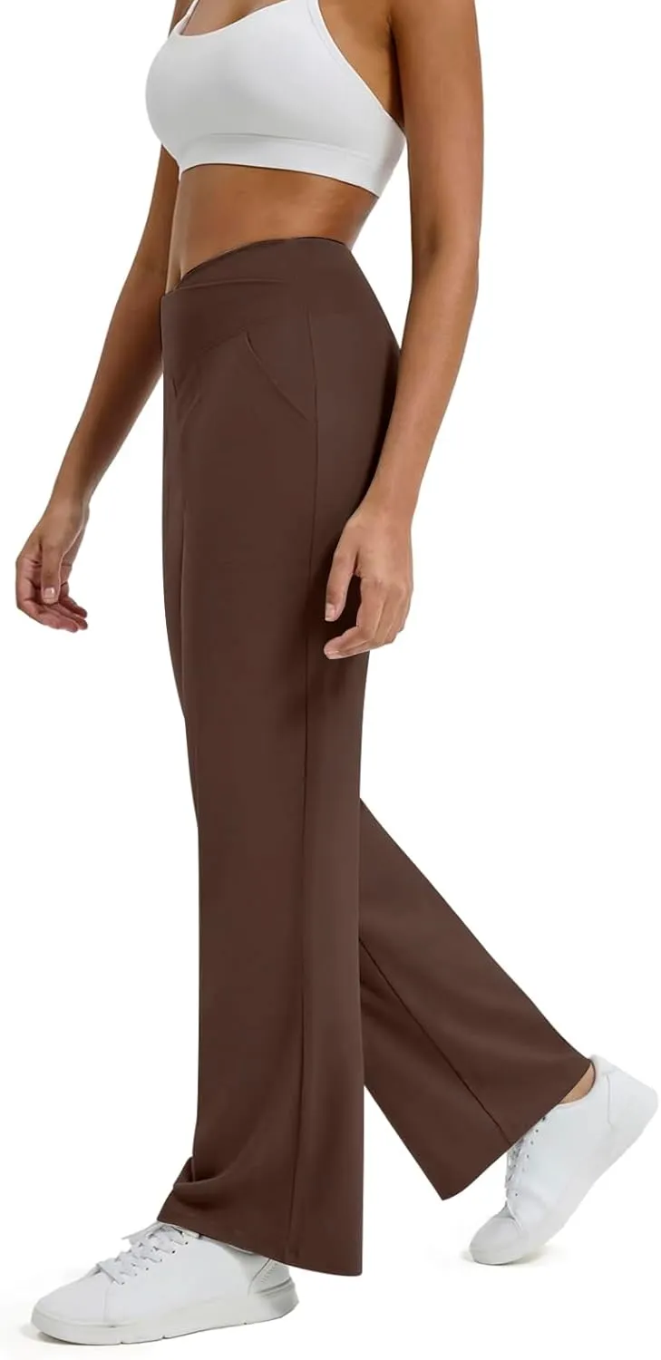 Womens Wide Leg Pants Loose Fit Crossover Waist Stretch Yoga Pants with Pockets Comfy Casual Work Pants Trousers