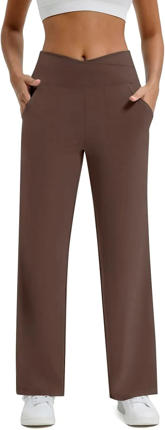 Womens Wide Leg Pants Loose Fit Crossover Waist Stretch Yoga Pants with Pockets Comfy Casual Work Pants Trousers