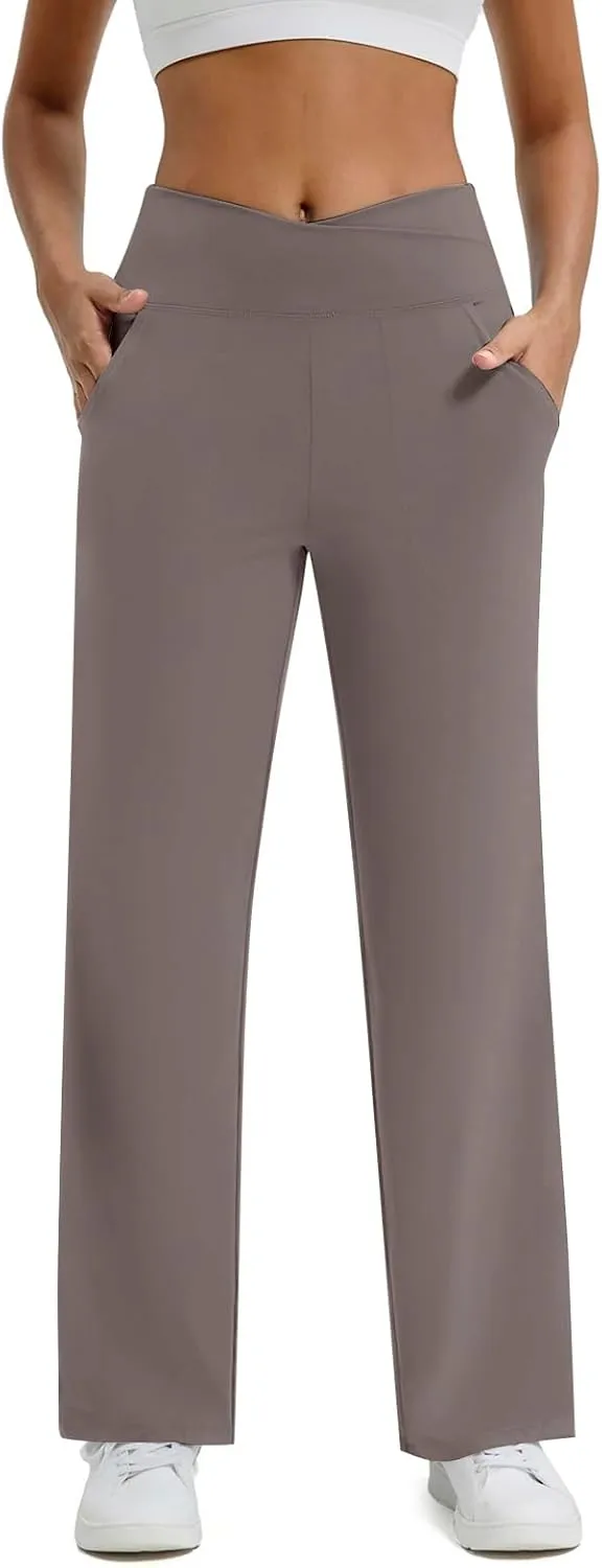 Womens Wide Leg Pants Loose Fit Crossover Waist Stretch Yoga Pants with Pockets Comfy Casual Work Pants Trousers
