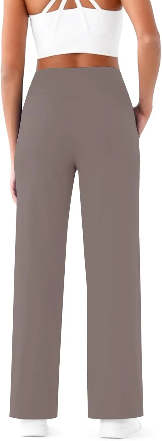 Womens Wide Leg Pants Loose Fit Crossover Waist Stretch Yoga Pants with Pockets Comfy Casual Work Pants Trousers