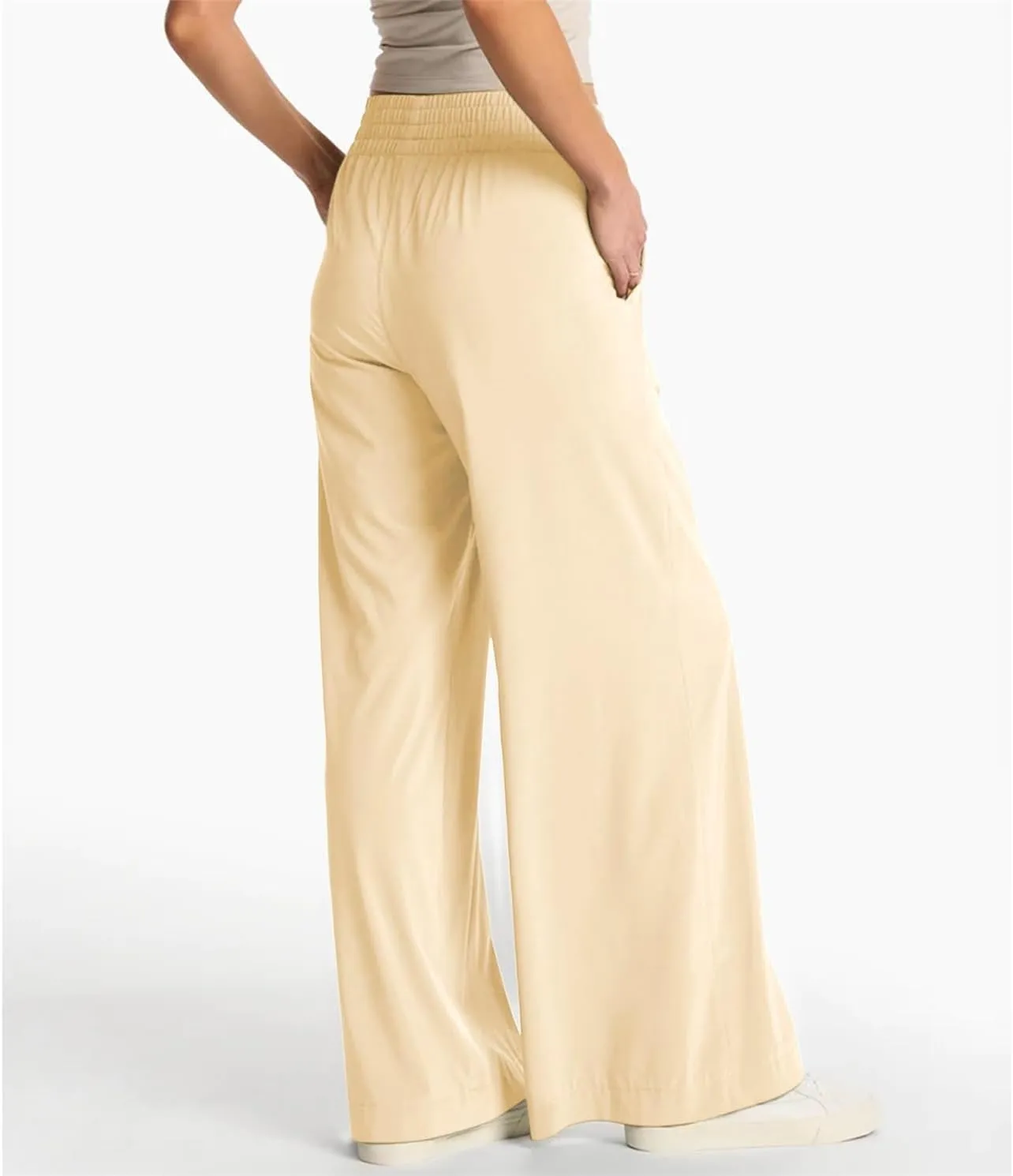 Womens Wide Leg Pants Summer Flowy Palazzo Casual High Waist Elastic Pants Beach Vacation Trousers with Pockets