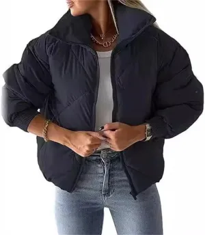 Women's Winter Long Sleeve Zipper Warm Quilted Short Cotton-Padded Jacket Fashion Stand Collar Puffer Coat
