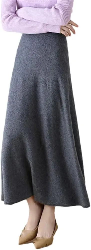 Women's Wool Over-The-Knee Skirt A-Line Long Skirt Vintage Classic Pleated Knit Sweater Midi Skirts