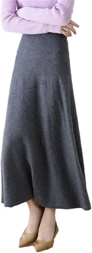 Women's Wool Over-The-Knee Skirt A-Line Long Skirt Vintage Classic Pleated Knit Sweater Midi Skirts