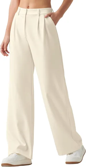Women's Work Pants High Waisted Dress Pants Petite Wide Leg Trouser Slacks Business Casual with Pockets 30" Off White XS