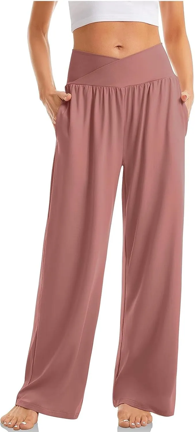 Womens Yoga Pants Wide Leg Crossover High Waisted Pants Stretch Active Pants Lightweight Soft Workout Pants w/Pockets