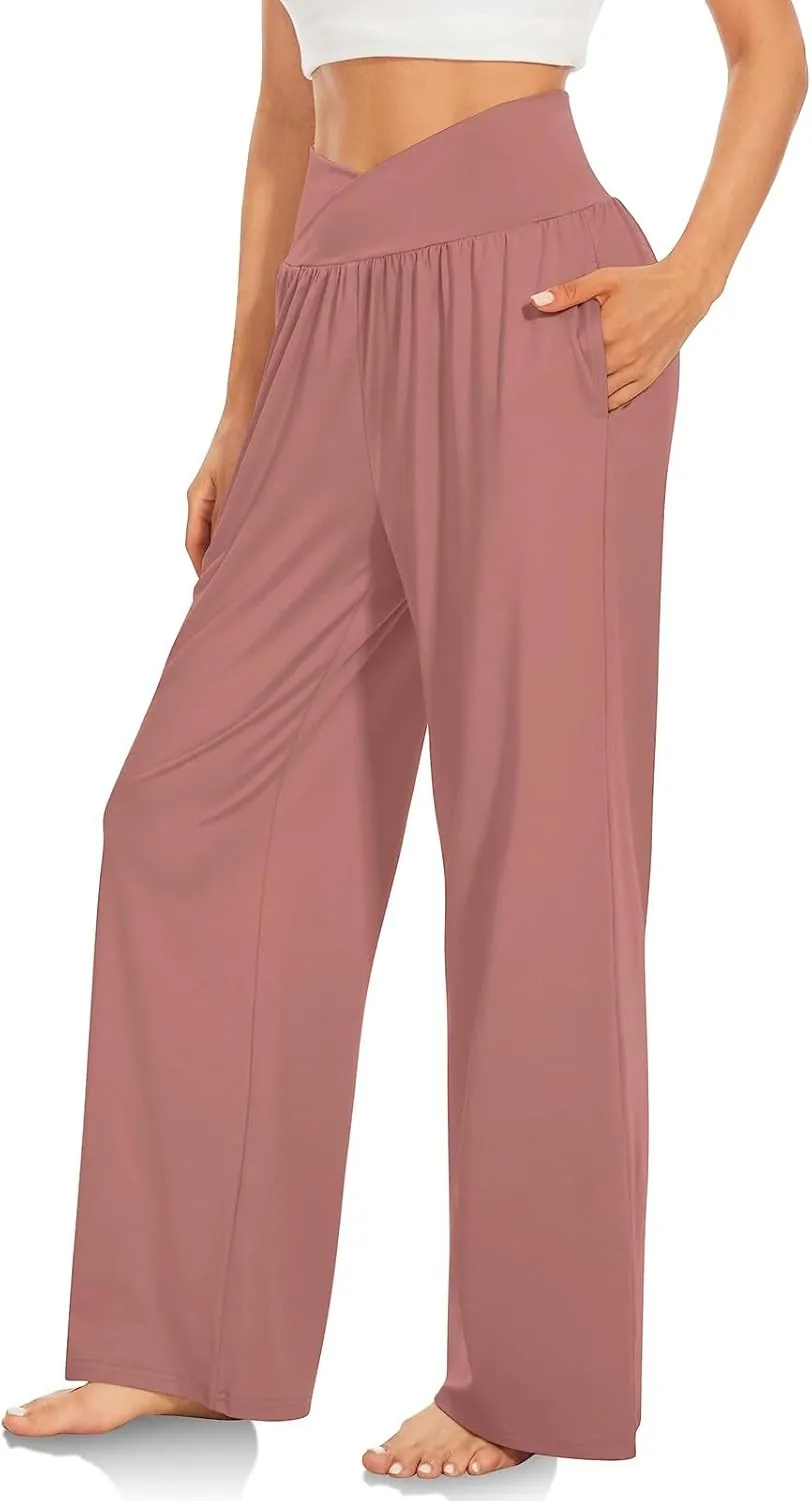 Womens Yoga Pants Wide Leg Crossover High Waisted Pants Stretch Active Pants Lightweight Soft Workout Pants w/Pockets