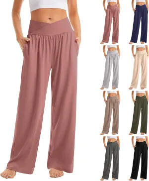 Womens Yoga Pants Wide Leg Crossover High Waisted Pants Stretch Active Pants Lightweight Soft Workout Pants w/Pockets