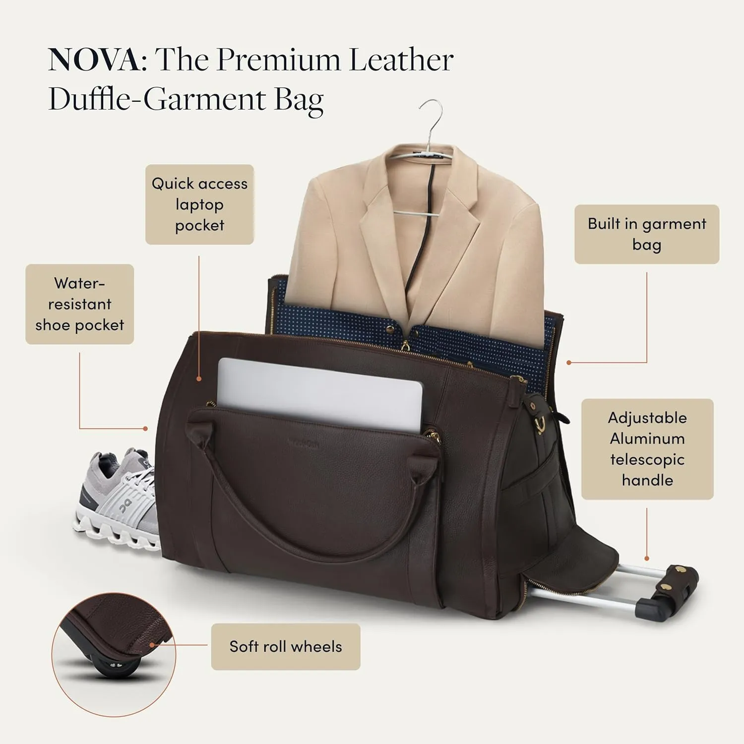 Wool & Oak - NOVA Large Duffle Bag with Wheels - Carry On Garment Duffle Bags for Overnight, Hospital - Travel Bags with Shoe Compartment & Tech Pocket -Gifts for Dad (Nylon, Black)