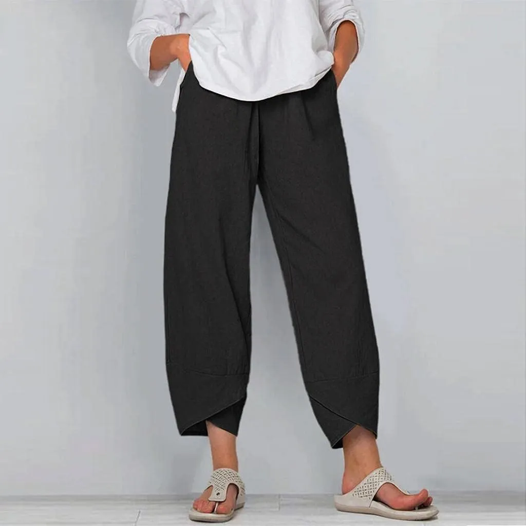 WUAI-Women Casual Drawstring Loose Palazzo Yoga Harem Pants Capri Plus Size Boho Cotton Linen Cropped Wide Leg Beach Trousers