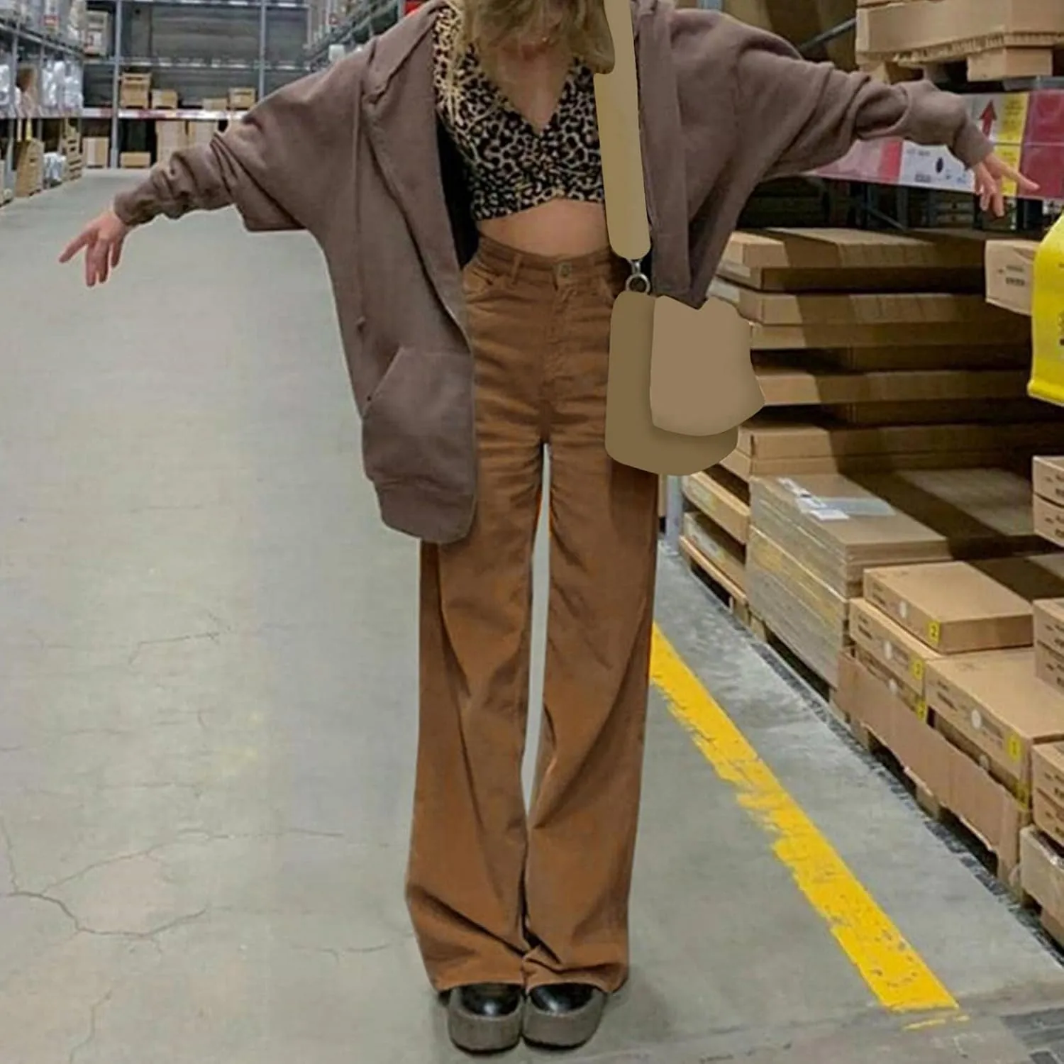 WUAI-Women Corduroy Harem Pants Comfy Pull On Elastic Waist Casual Loose Baggy Yoga Pants Jogger Sweatpants Wide Leg