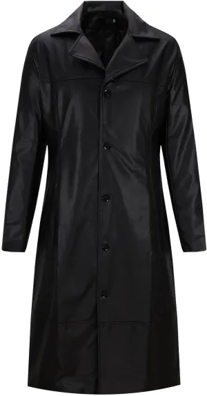 Xiaojmake Men's Black Leather Trench Coat Full Length Classic German Coat Double Breasted Pea Coats Long Duster Overcoat