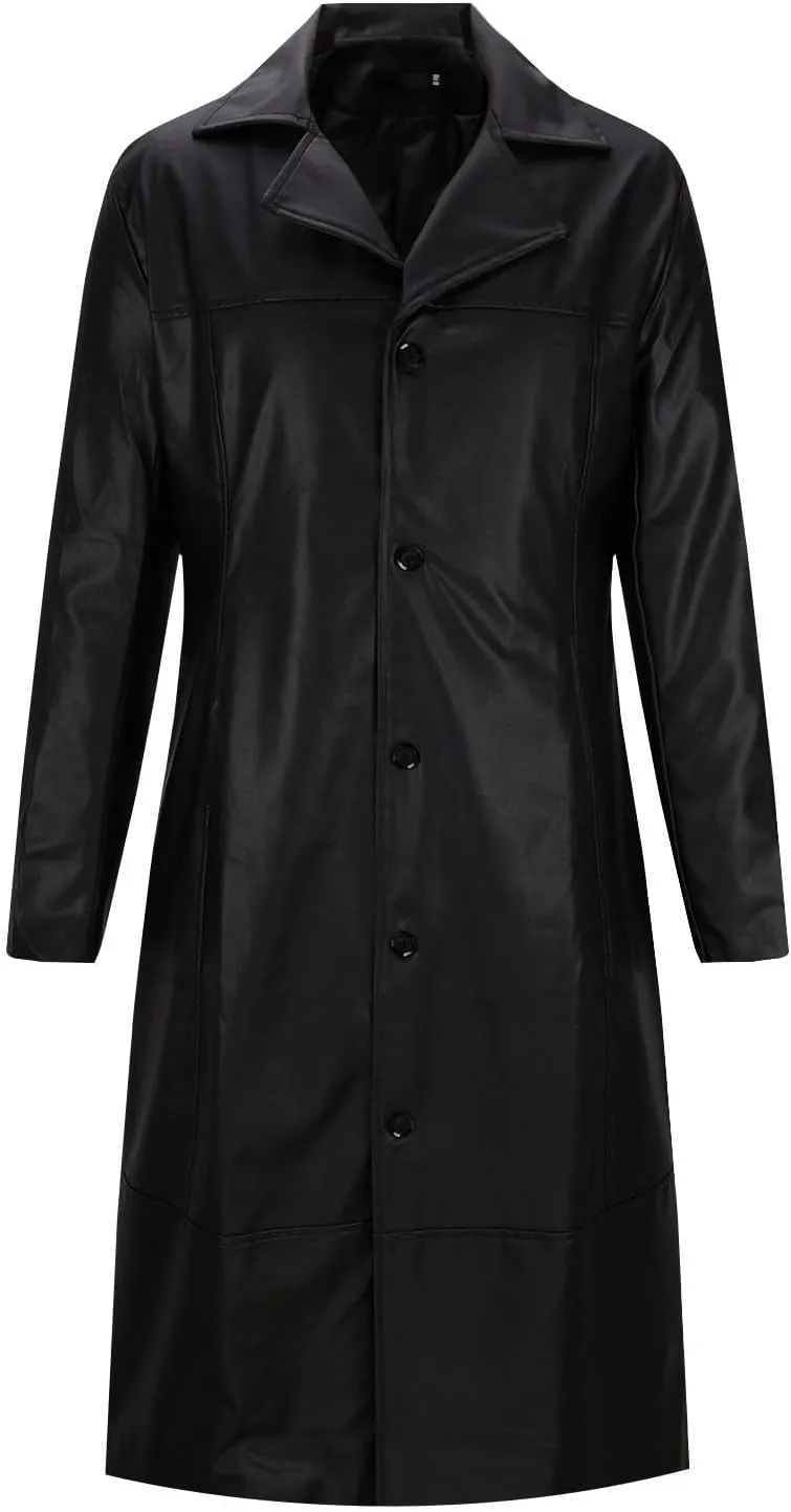 Xiaojmake Men's Black Leather Trench Coat Full Length Classic German Coat Double Breasted Pea Coats Long Duster Overcoat