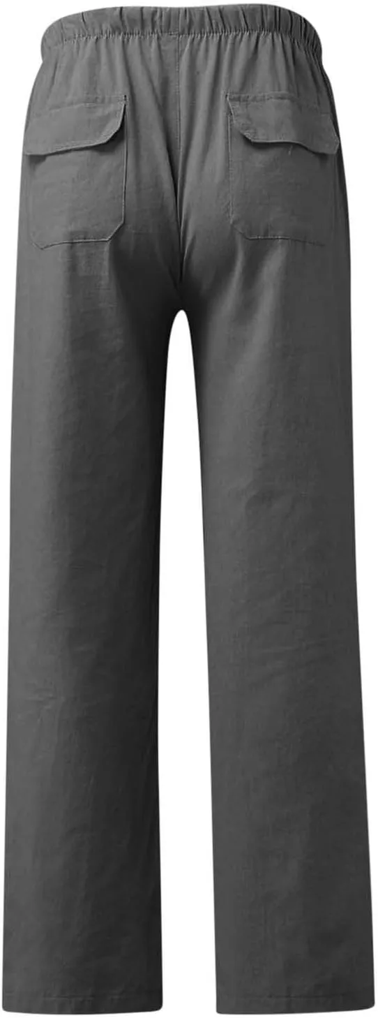 Xiaojmake Mens Cropped Elastic Waist Linen Pants Comfy Drawstring Slim with Pockets Daily Capris Pant Fashion Crop Trousers