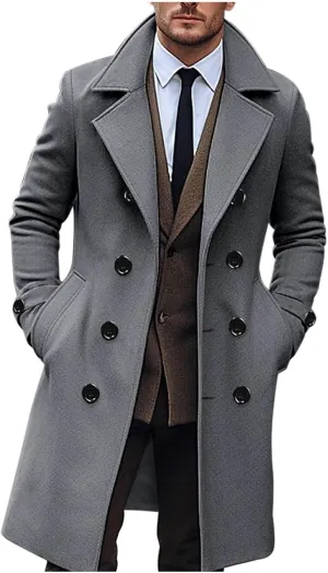 Xiaojmake Mens Double Breasted Trench Coat Notched Lapel Mid-Long Peacoat Classic Casual Winter Topcoat Overcoat with Pockets