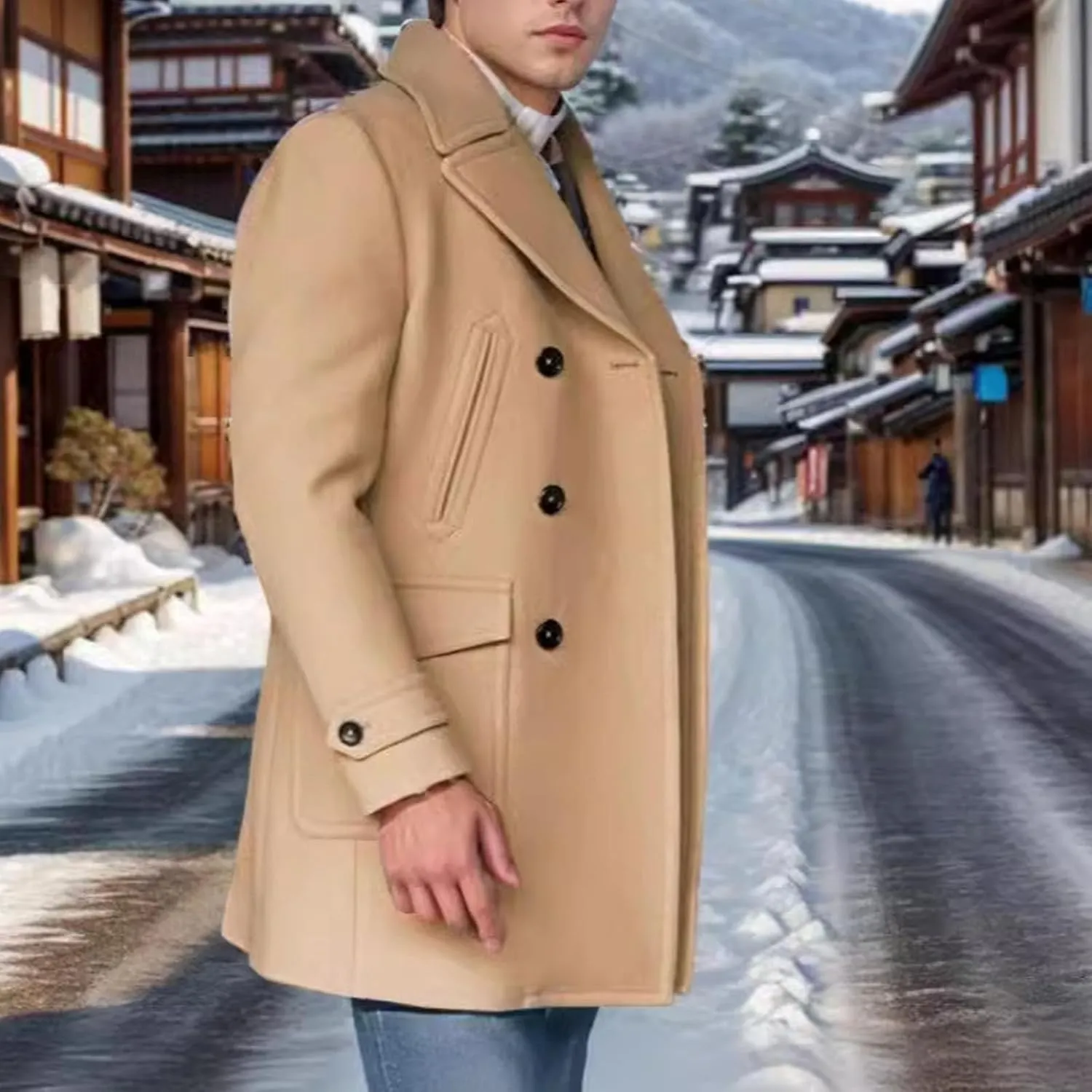 Xiaojmake Men's Double Breasted Woolen Coat Winter Pea Coat Slim Fit Trench Coats Double Breasted Warm Wool Blend Overcoat