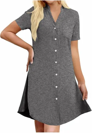 Xiaojmake Womens V Neck Button Down Nightgown Nightshirts Short Sleeve Shirt Dress Sleepwear Beach Cover Up Bikini Swimsuits