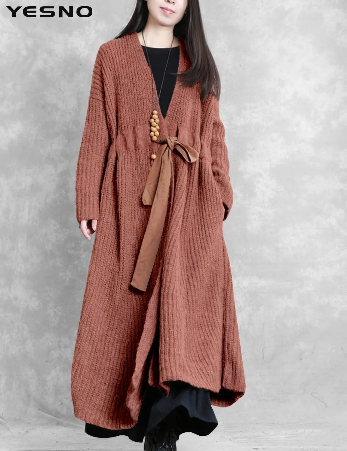 YESNO Women Casual Loose Oversized Chunky Cable Knit Open Front Coats Cardigan Sweaters Long Outerwear with Pockets YQA