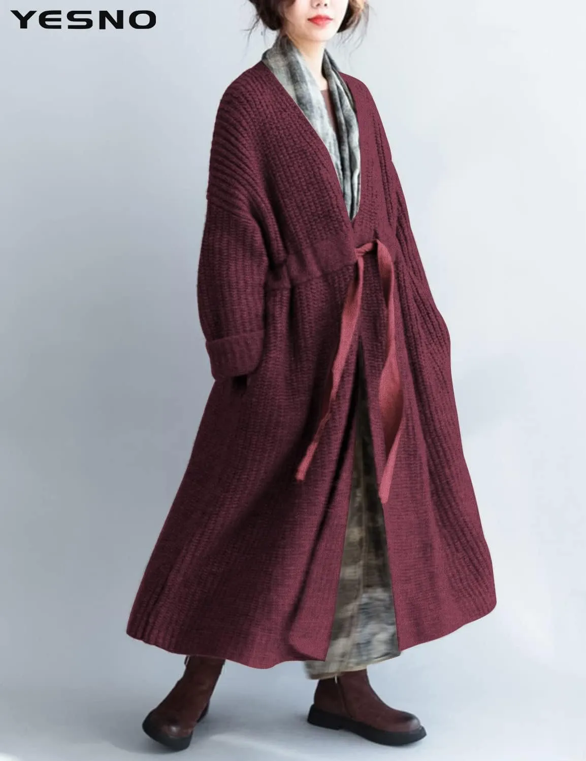 YESNO Women Casual Loose Oversized Chunky Cable Knit Open Front Coats Cardigan Sweaters Long Outerwear with Pockets YQA