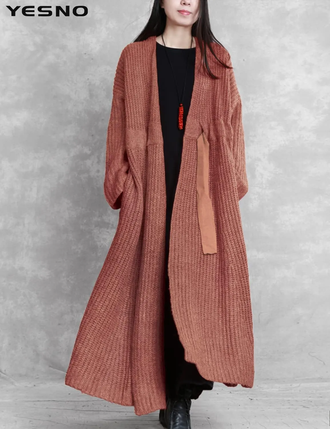 YESNO Women Casual Loose Oversized Chunky Cable Knit Open Front Coats Cardigan Sweaters Long Outerwear with Pockets YQA