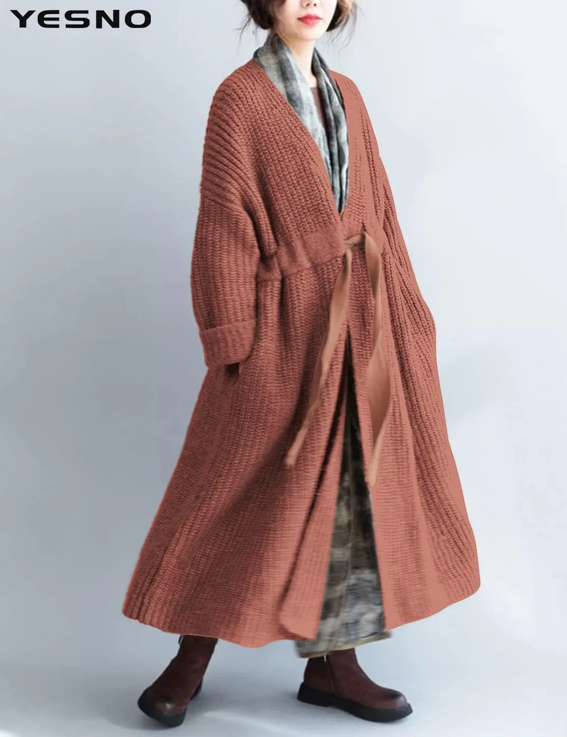 YESNO Women Casual Loose Oversized Chunky Cable Knit Open Front Coats Cardigan Sweaters Long Outerwear with Pockets YQA