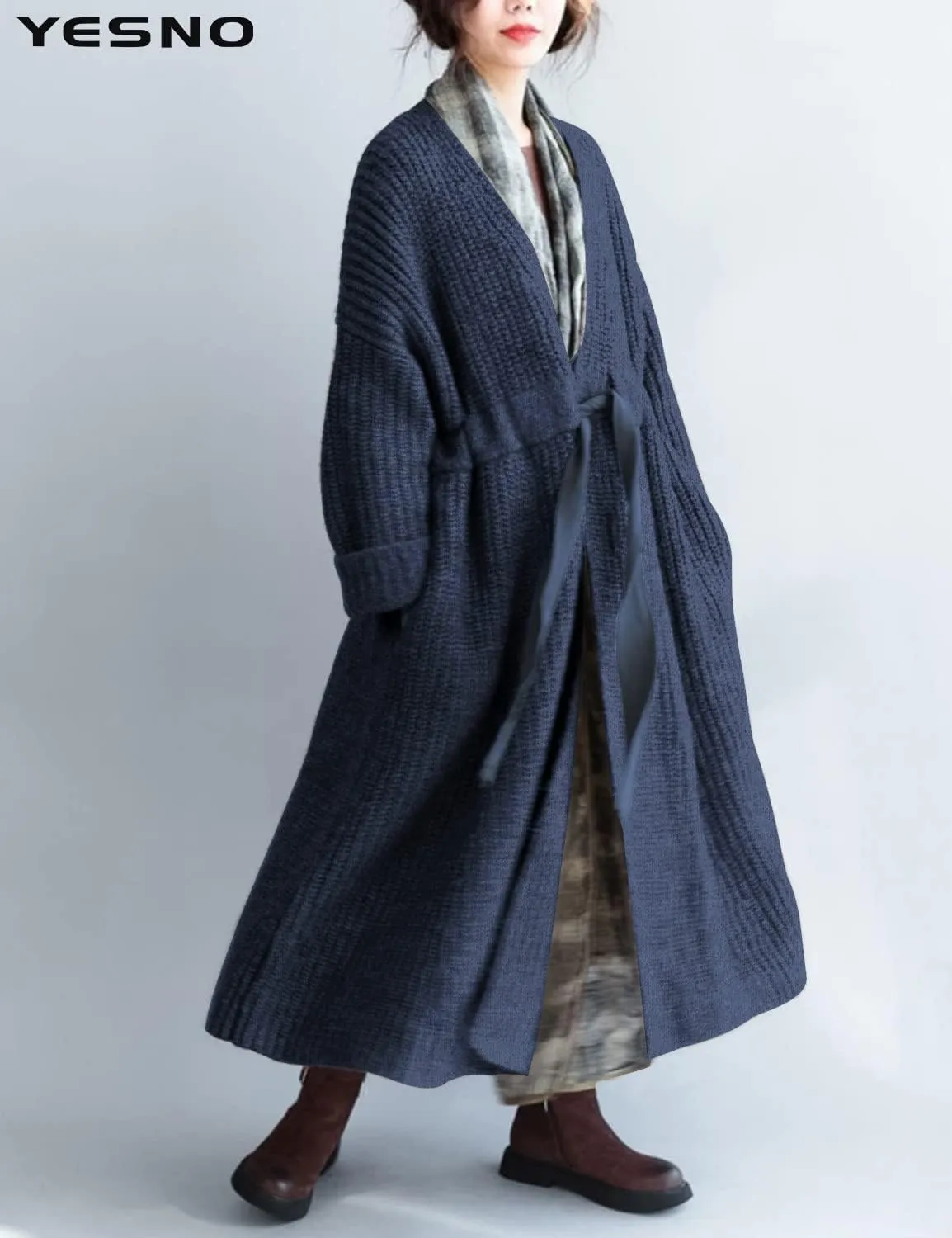 YESNO Women Casual Loose Oversized Chunky Cable Knit Open Front Coats Cardigan Sweaters Long Outerwear with Pockets YQA